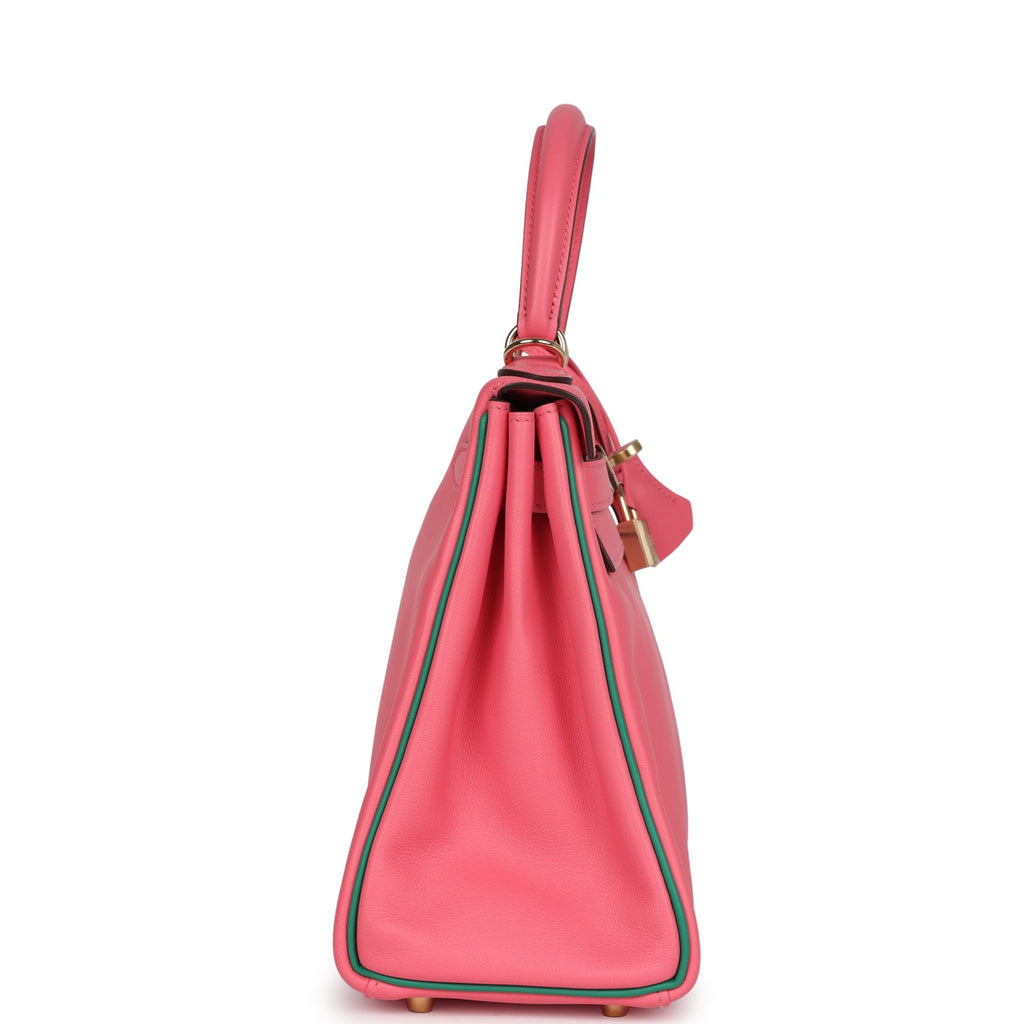 Hermes Special Order (HSS) Kelly Retourne 28 Rose Azalee and Vert Vertigo Swift Gold Hardware - Image 4