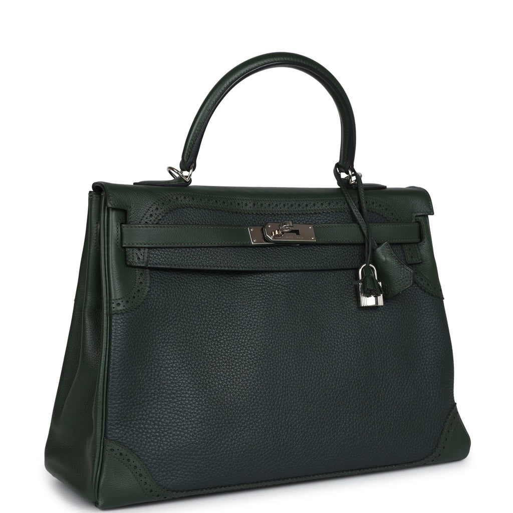 Pre-owned Hermes Ghillies Kelly 35 Retourne Vert Fonce Clemence and Vert Anglais Evercolor Palladium Hardware - Image 3