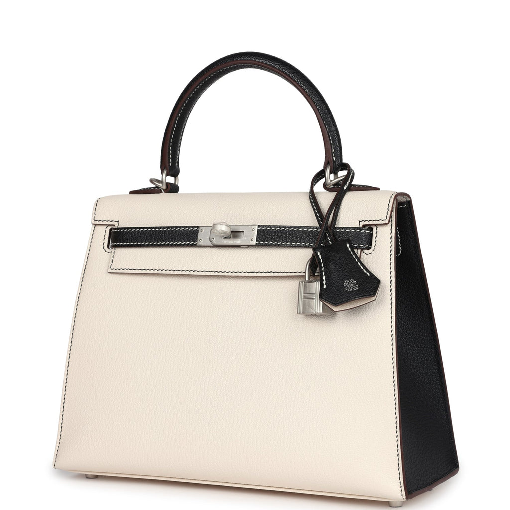 Hermes Special Order (HSS) Kelly Sellier 25 Nata and Black Chevre Mysore Brushed Palladium Hardware - Image 6