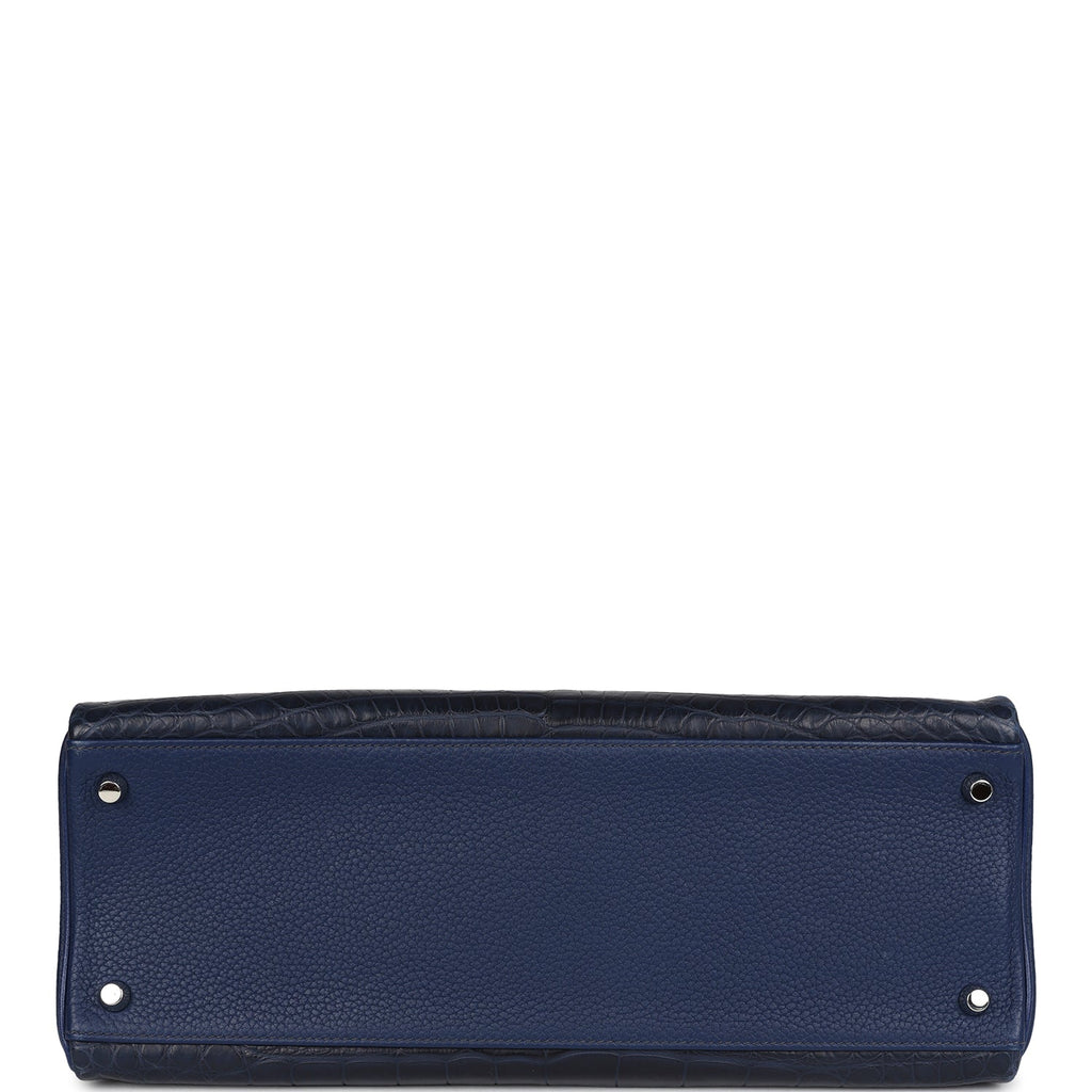 Pre-owned Hermes Kelly Retourne 35 Bleu Indigo Matte Alligator and Bleu Saphir Swift and Clemence Palladium Hardware - Image 7