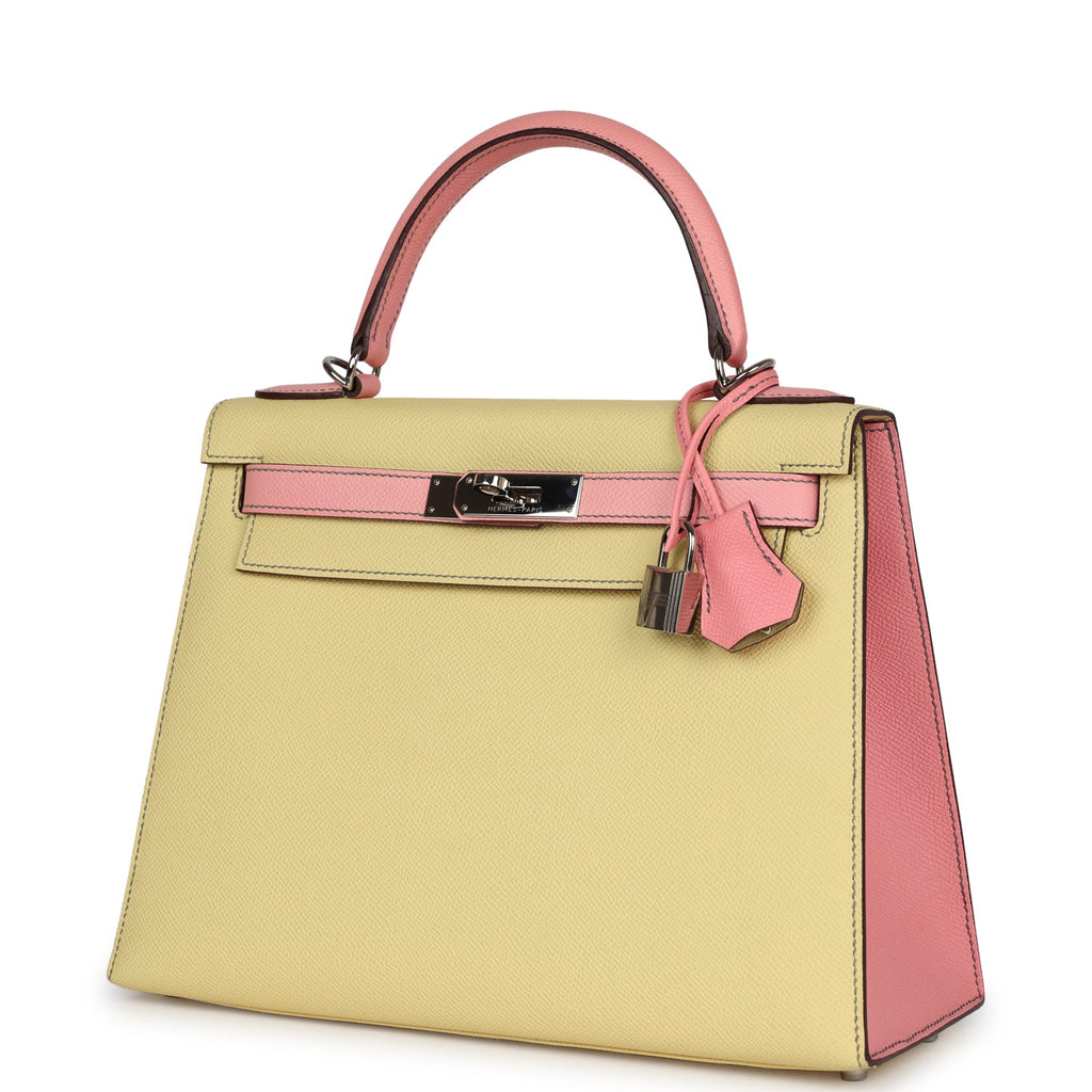 Pre-owned Hermes Special Order (HSS) Kelly Sellier 28 Rose Confetti and Jaune Poussin Epsom Palladium Hardware - Image 6
