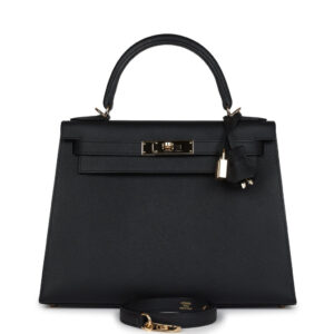 Pre-owned Hermes Kelly Sellier 28 Black Epsom Permabrass Hardware