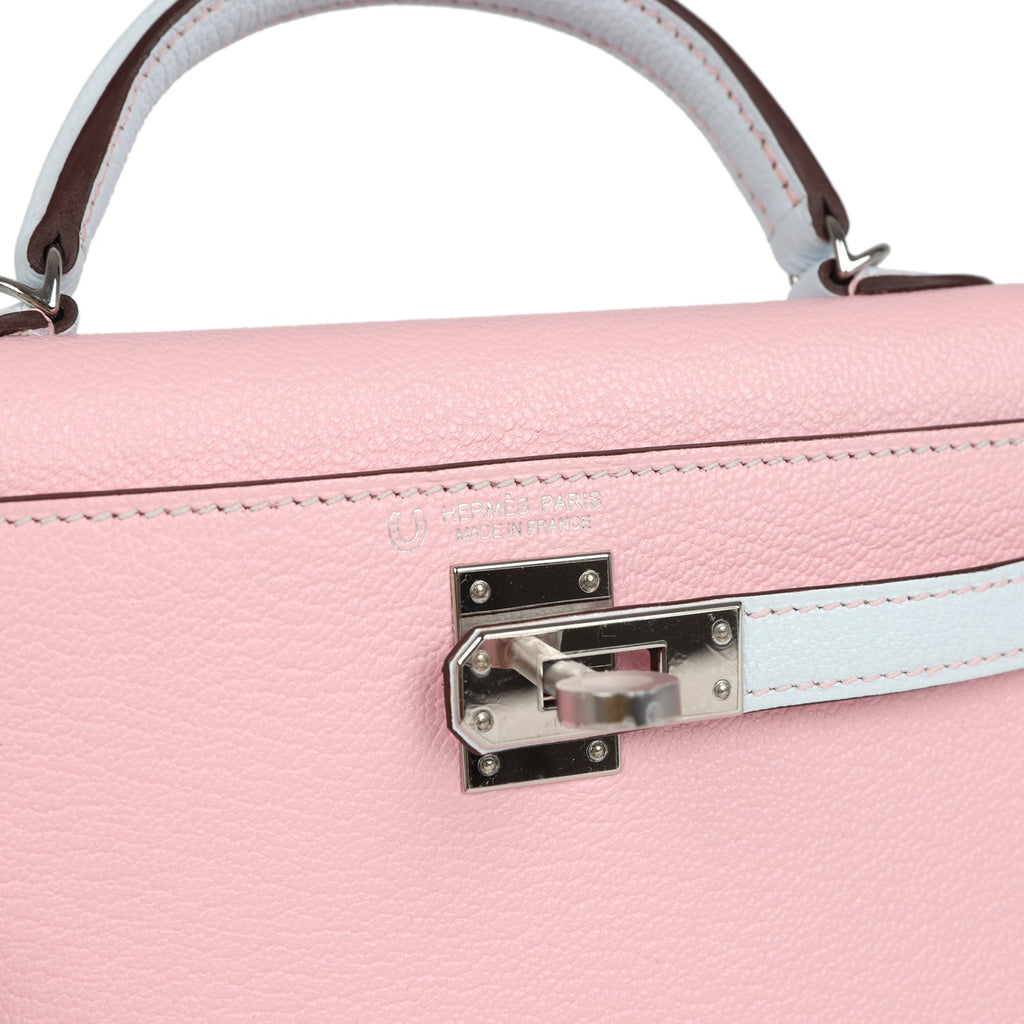 Hermes Special Order (HSS) Kelly Sellier 20 Rose Sakura and Bleu Brume Chevre Palladium Hardware - Image 8