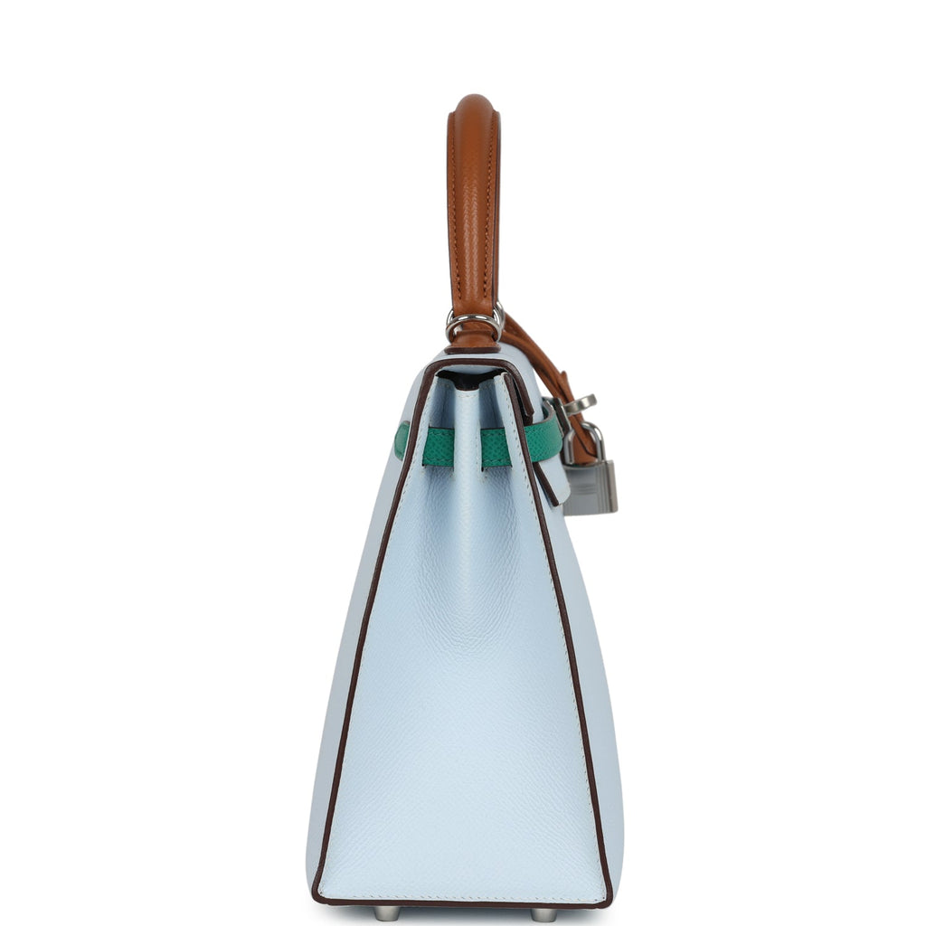 Hermes Kelly Sellier 25 Tri-Color Bleu Brume, Gold and Vert Jade Epsom Epsom Palladium Hardware - Image 4