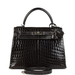 Vintage Hermes Kelly Sellier 28 Gris Fonce Shiny Niloticus Crocodile Palladium Hardware