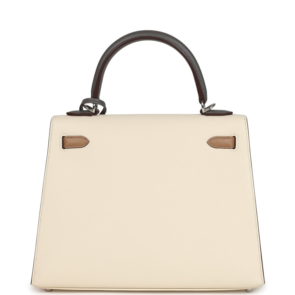 Hermes Kelly Sellier 25 Tri-Color Nata, Gris Meyer and Chai Epsom Palladium Hardware - Image 5