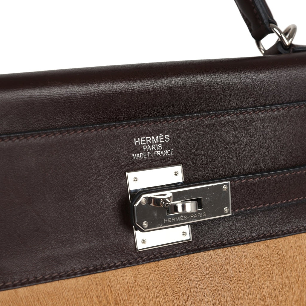Vintage Hermes Kelly Retourne 35 Ebene Evercalf and Blond Troika Palladium Hardware - Image 8