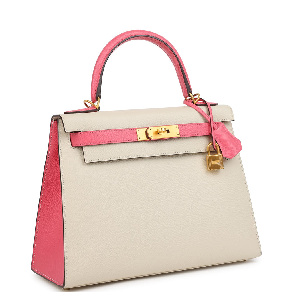 Pre-owned Hermes Special Order (HSS) Kelly Sellier 28 Craie and Rose Azalee Epsom Brushed Gold Hardware - Image 3