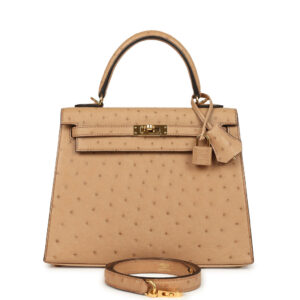Pre-owned Hermes Kelly Sellier 25 Chai Ostrich Gold Hardware