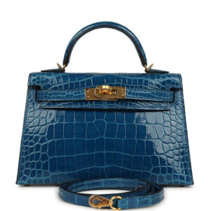 Hermes Kelly Sellier 20 Bleu Mykonos Shiny Alligator Gold Hardware
