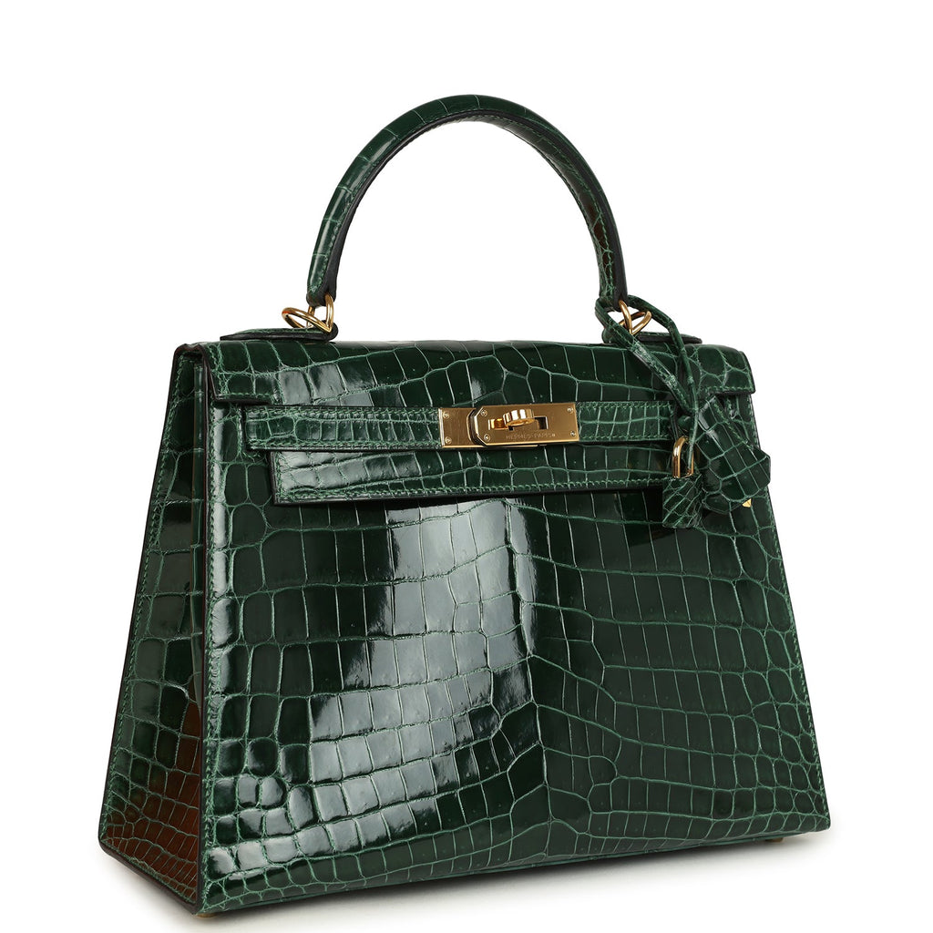 Pre-owned Hermes Kelly Sellier 28 Vert Fonce Shiny Niloticus Crocodile Gold Hardware - Image 3
