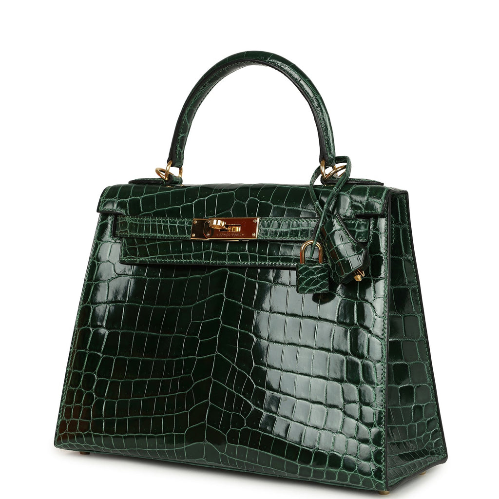 Pre-owned Hermes Kelly Sellier 28 Vert Fonce Shiny Niloticus Crocodile Gold Hardware - Image 6