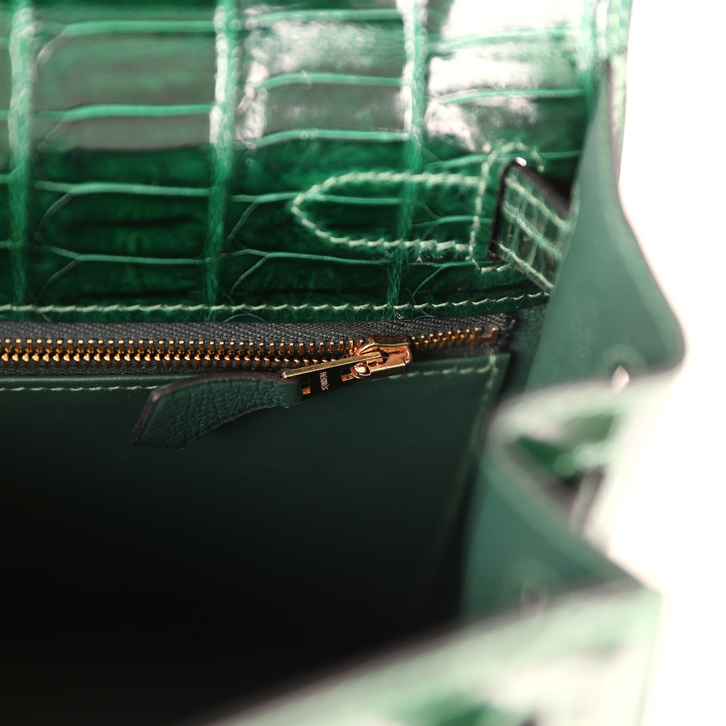 Pre-owned Hermes Kelly Sellier 28 Vert Fonce Shiny Niloticus Crocodile Gold Hardware - Image 10