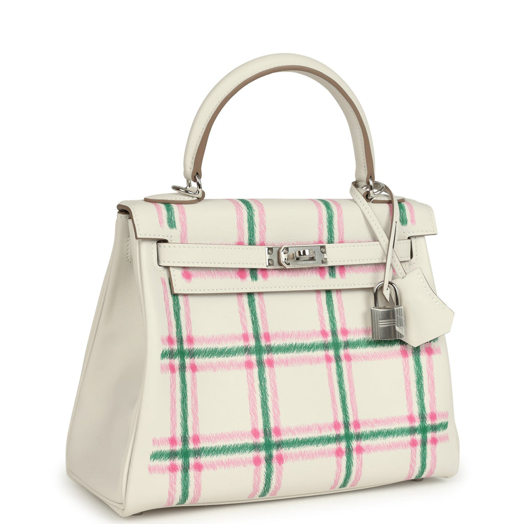 Hermes Kelly Retourne 25 "Tartan Light" Gris Pale, Vert Moyen and Bubblegum Swift Palladium Hardware - Image 3