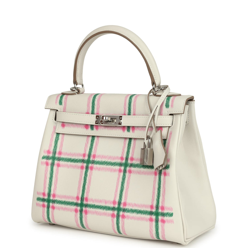 Hermes Kelly Retourne 25 "Tartan Light" Gris Pale, Vert Moyen and Bubblegum Swift Palladium Hardware - Image 6