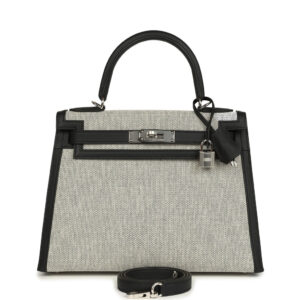 Hermes Kelly Sellier 28 Black Swift and Ecru-Black Toile H Canvas Palladium Hardware