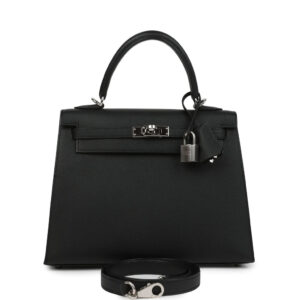 Pre-owned Hermes Kelly Sellier 25 Black Epsom Palladium Hardware