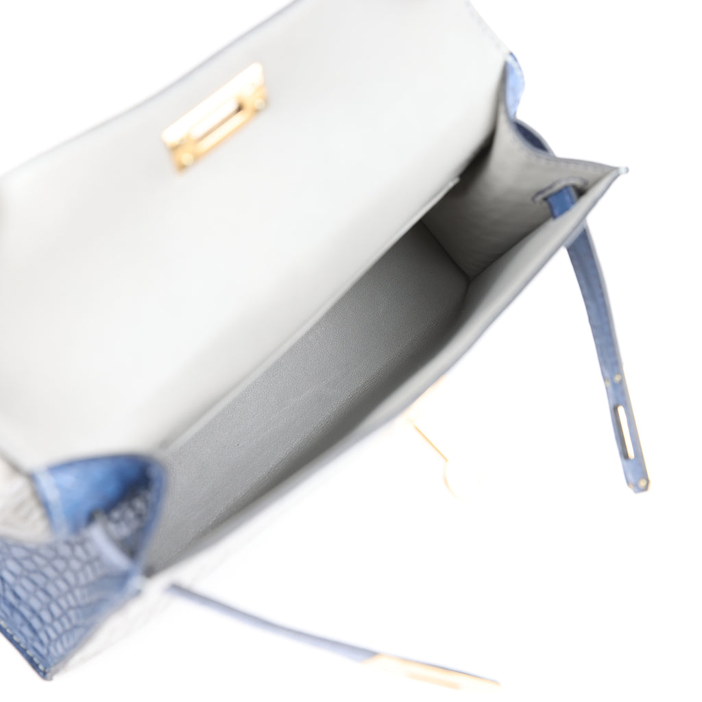 Pre-owned Hermes Special Order (HSS) Kelly Sellier 20 Gris Perle and Bleu de Malte Matte Alligator Gold Hardware - Image 9