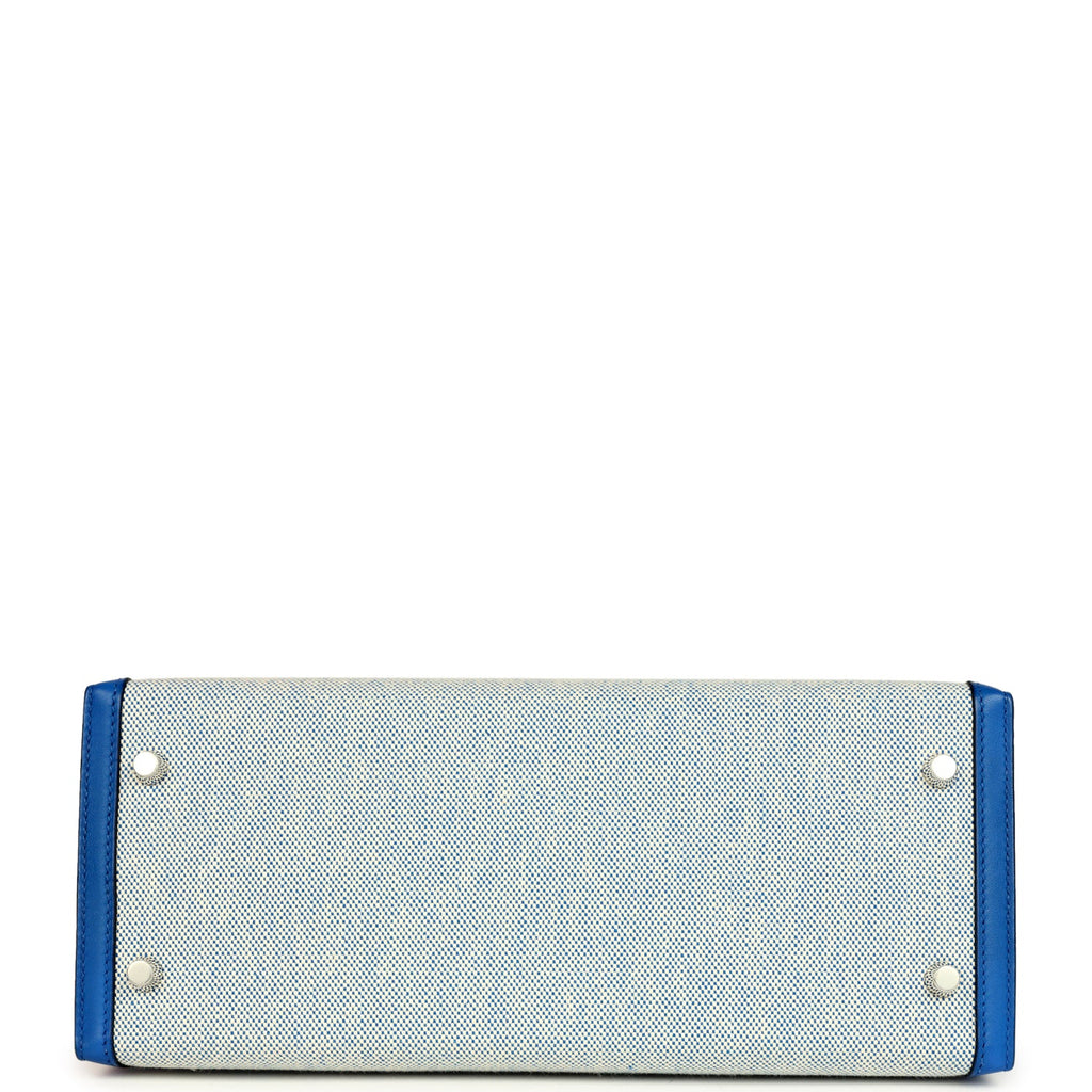 Pre-owned Hermes Kelly Sellier 28 Bleu France Swift and Ecru-Bleu Bill Toile H Canvas Palladium Hardware - Image 7