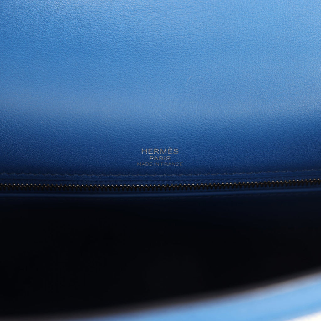 Pre-owned Hermes Kelly Sellier 28 Bleu France Swift and Ecru-Bleu Bill Toile H Canvas Palladium Hardware - Image 8