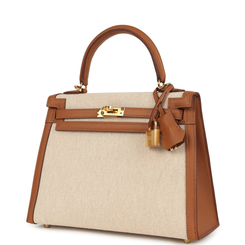 Hermes Kelly Sellier 25 Gold Swift and Ecru & Beige Toile H Canvas Gold Hardware - Image 6