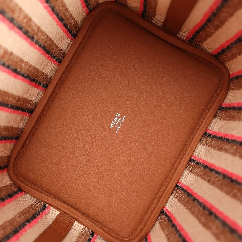 Hermes Stripe Picotin Lock 18 Gold Swift and Ecru-Beige, Rose Pop, Black and Fauve Toile H Canvas Palladium Hardware - Image 8