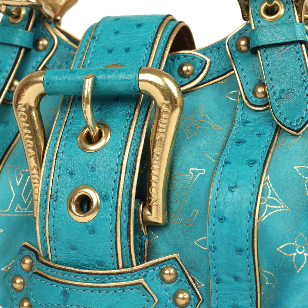 Vintage Louis Vuitton Theda GM Bag Blue and Gold Suede Monogram and Ostrich Gold Hardware - Image 8