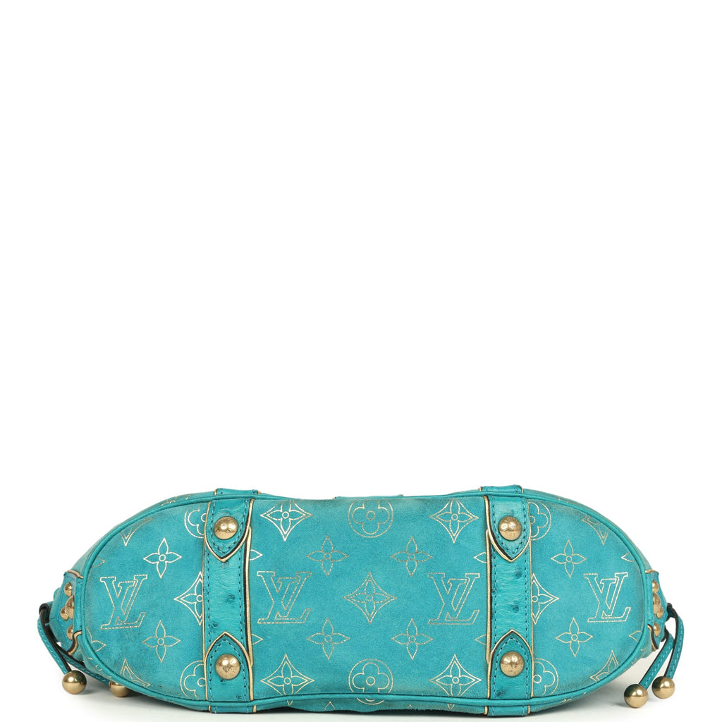 Vintage Louis Vuitton Theda GM Bag Blue and Gold Suede Monogram and Ostrich Gold Hardware - Image 7