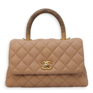 Quilted Coco Handle Small Beige Shoulder Bag in Caviar Leather, Gold hardware