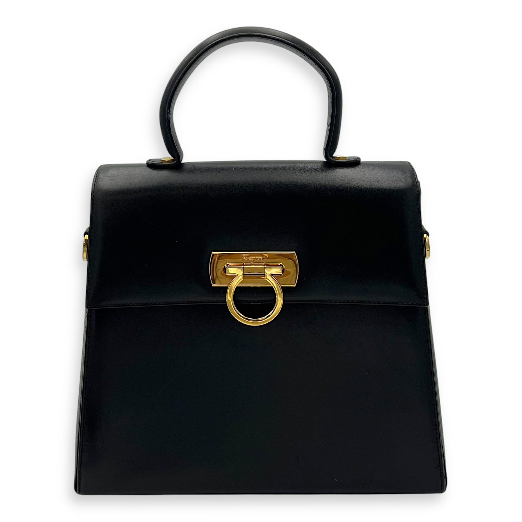 Gancini Black Top Handle Bag in Calfskin, Gold hardware
