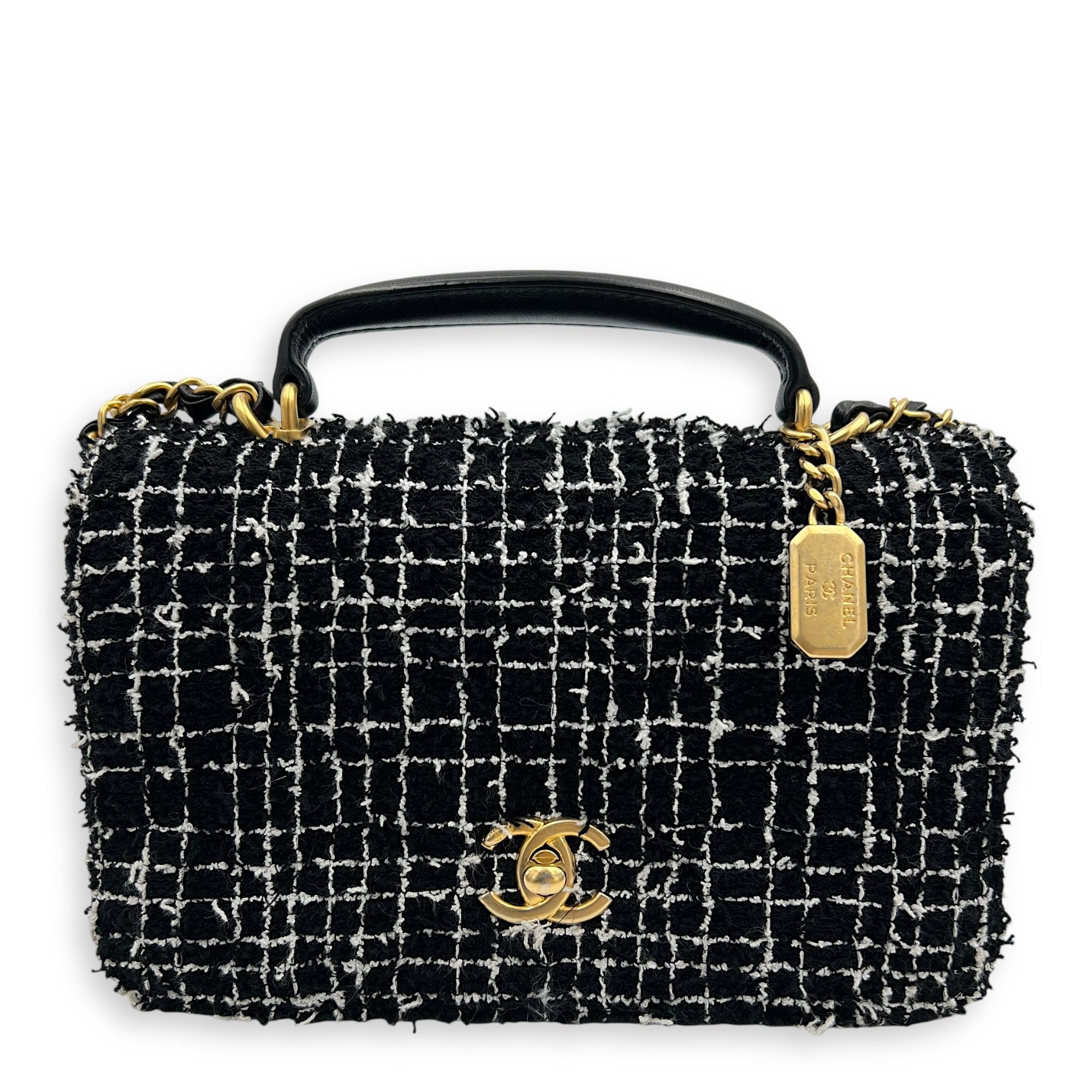 CC Black Top Handle Bag in Tweed, Gold hardware