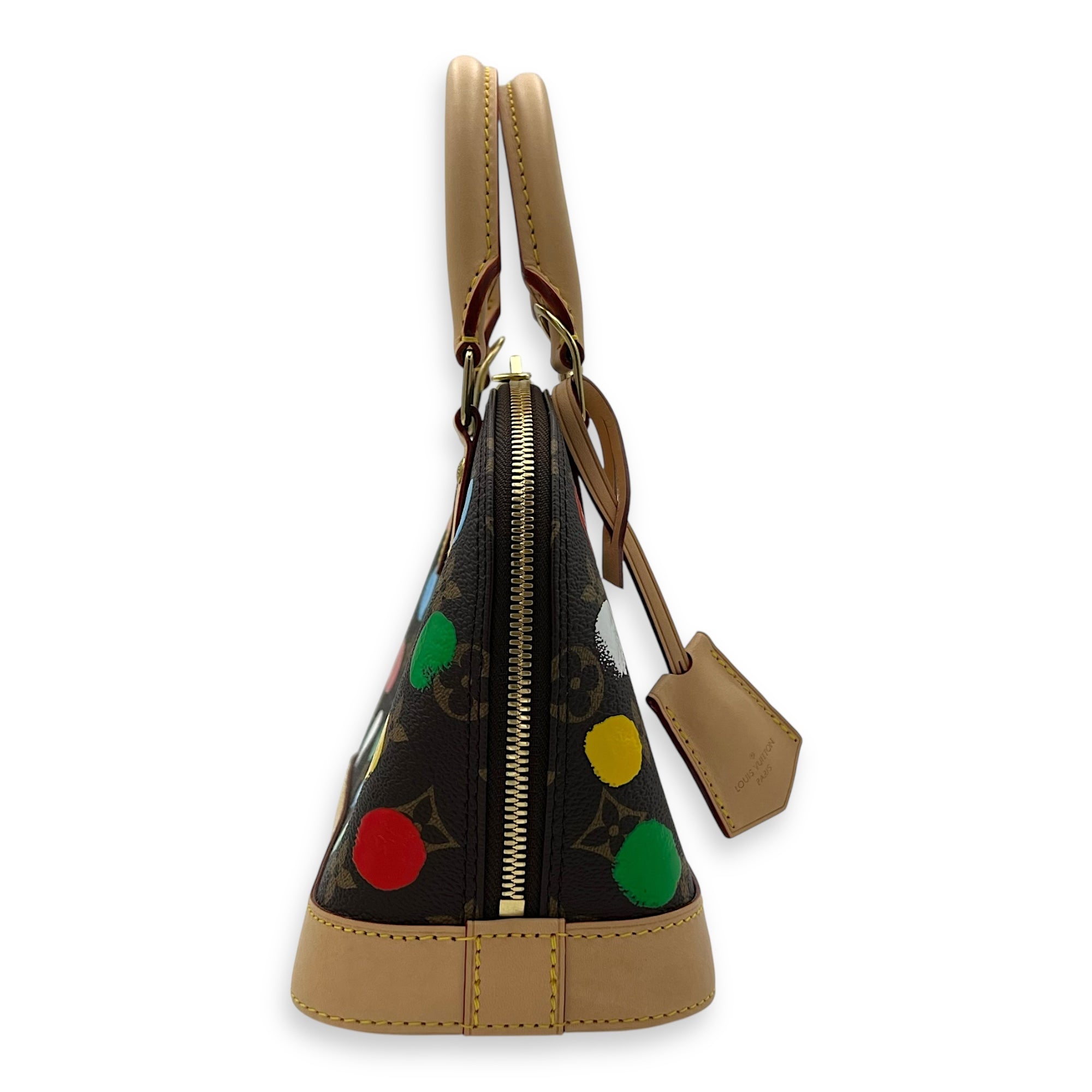 Yayoi Kusama Alma BB Brown Top Handle Bag in Monogram Coated Canvas, Gold hardware - Image 4