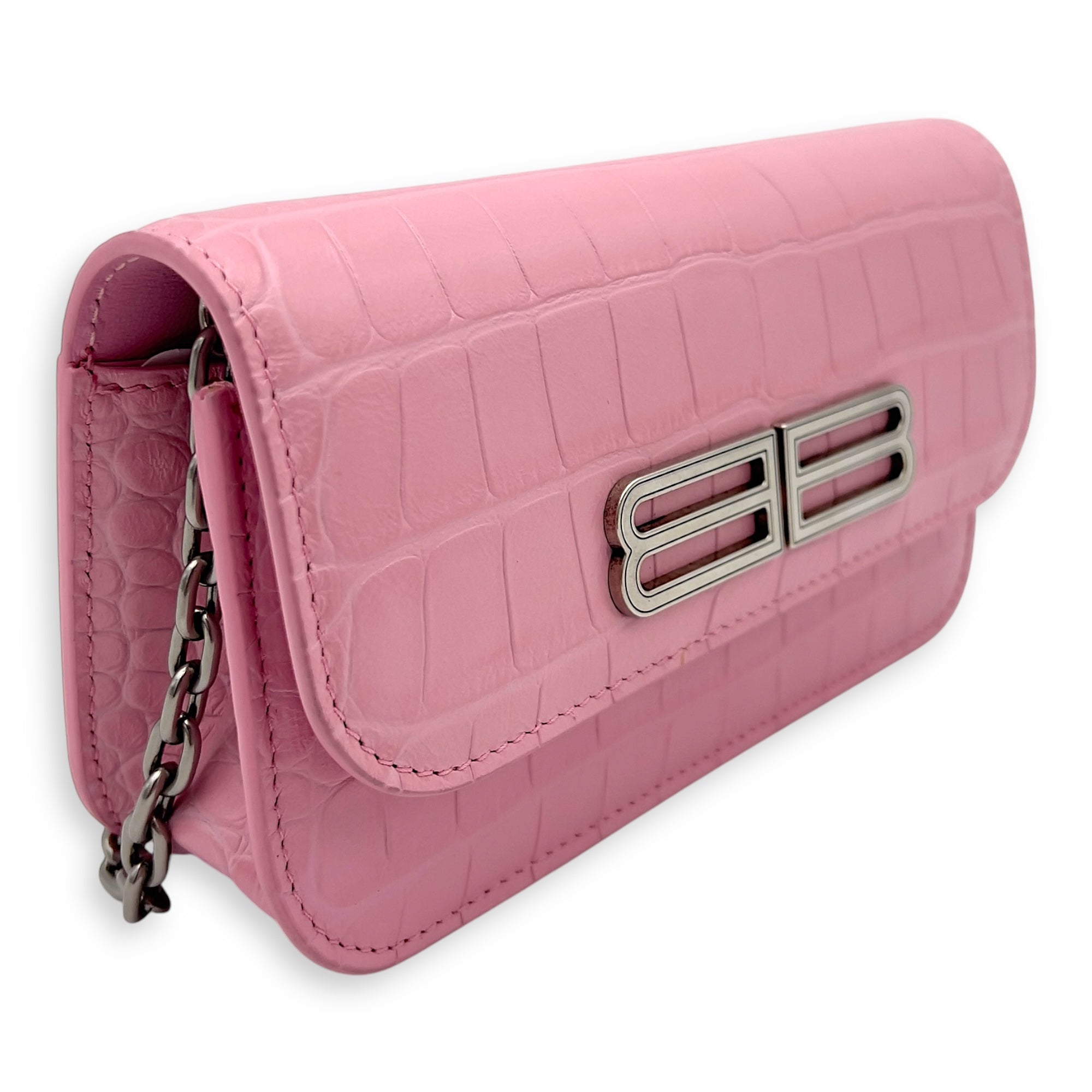 Gossip Pink Wallet On Chain in Crocodile Embossed Calfskin, Silver hardware - Image 5