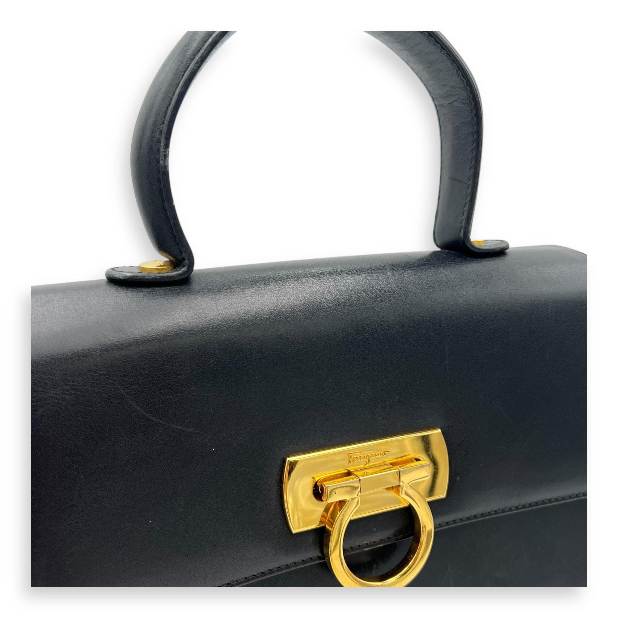 Gancini Black Top Handle Bag in Calfskin, Gold hardware - Image 7