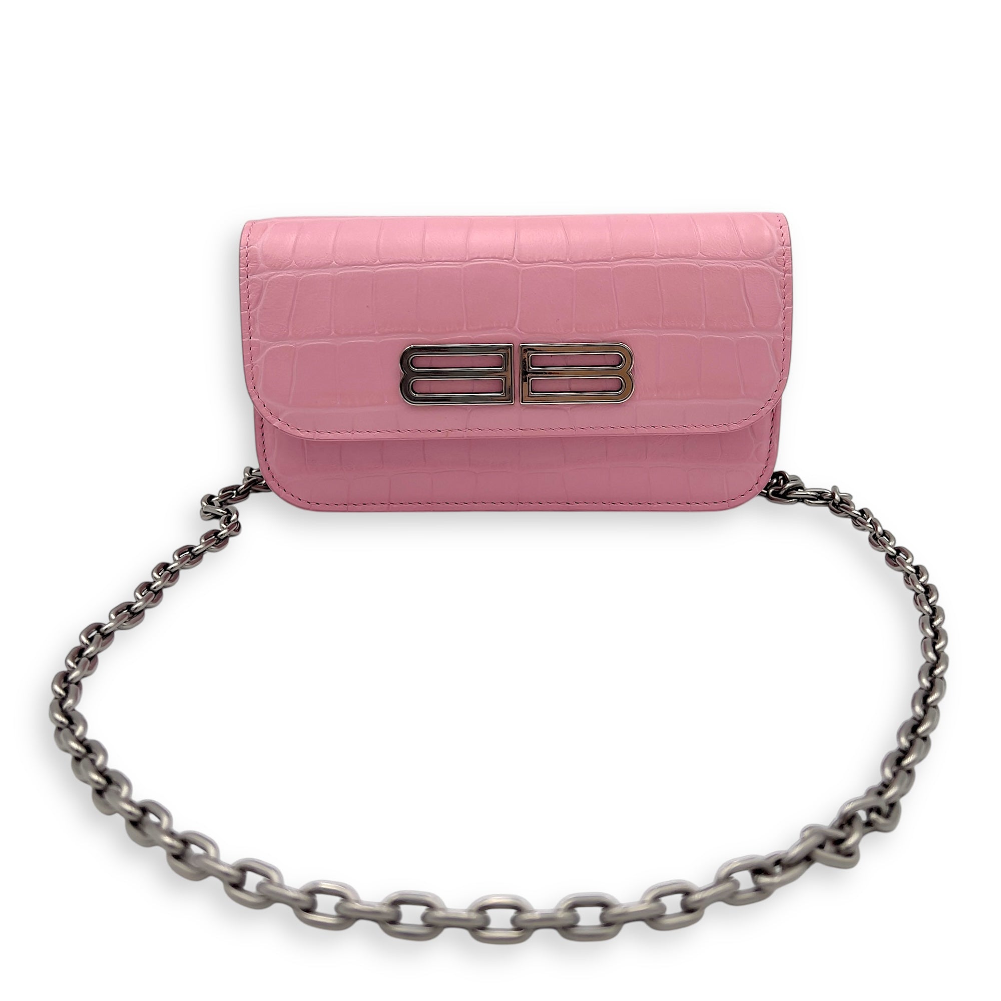 Gossip Pink Wallet On Chain in Crocodile Embossed Calfskin, Silver hardware - Image 8
