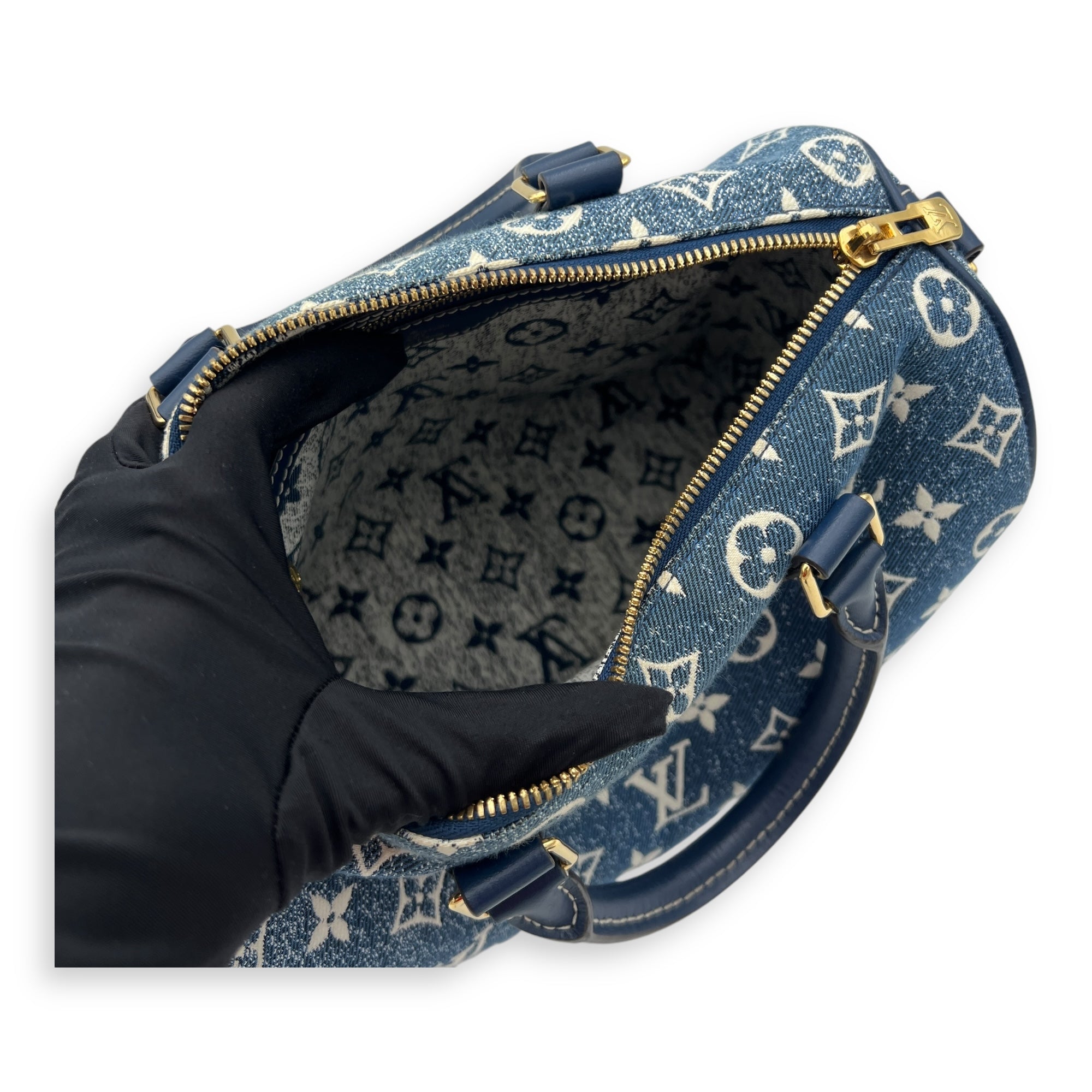 Speedy Top Handle Bag 30 Blue in Denim, Gold hardware - Image 9
