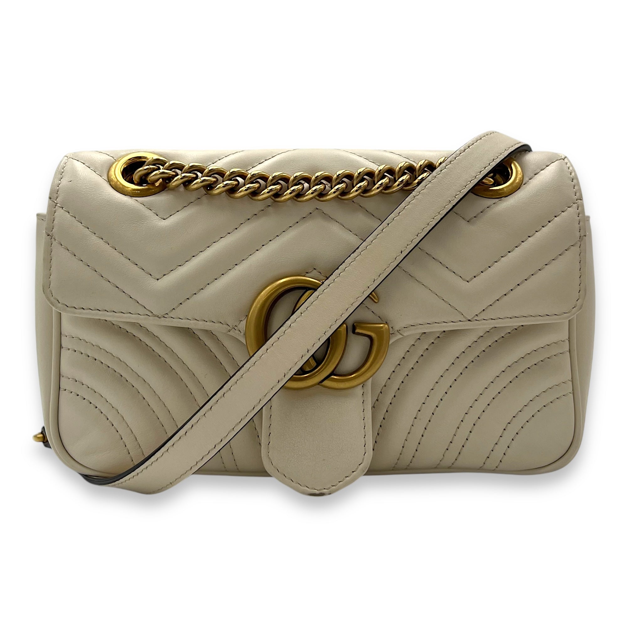 GG Marmont Shoulder Bag Mini White in Calfskin , Brushed Gold Hardware - Image 11