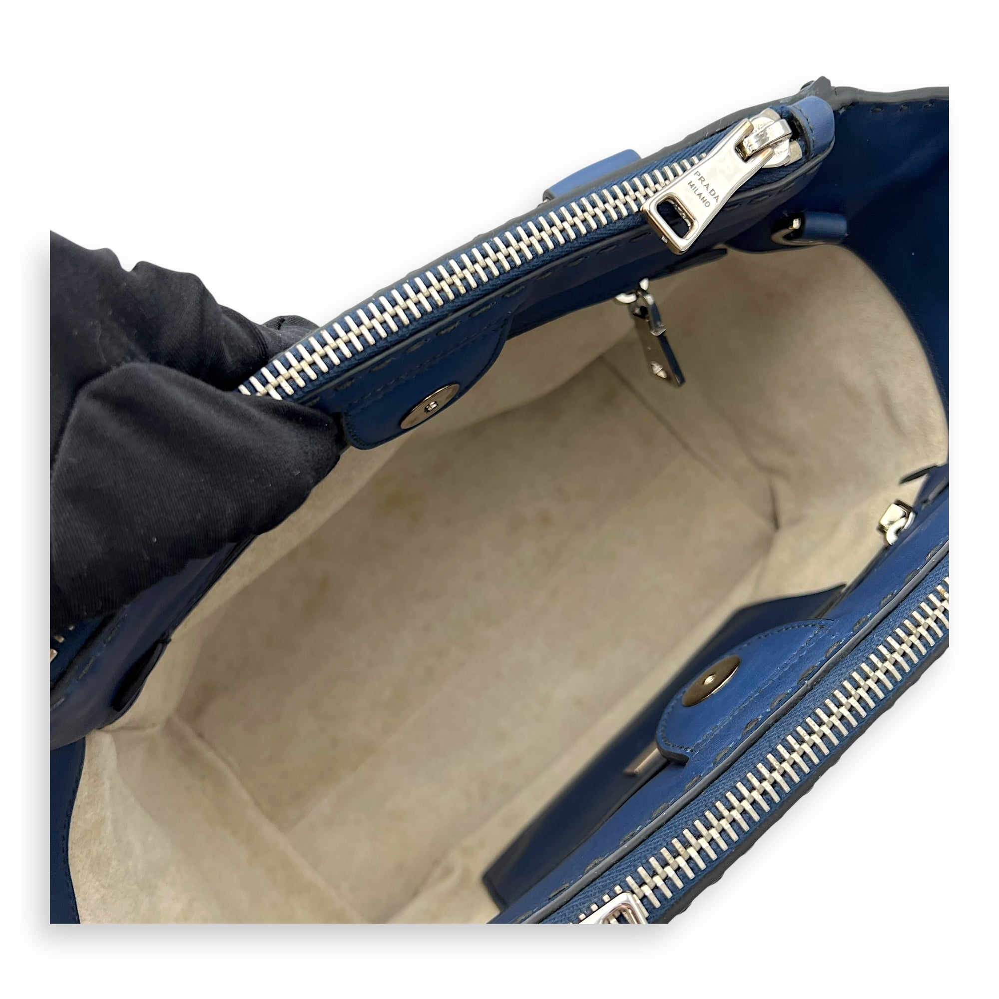 Logo Top Handle Bag Blue in Calfskin, Gold hardware - Image 11