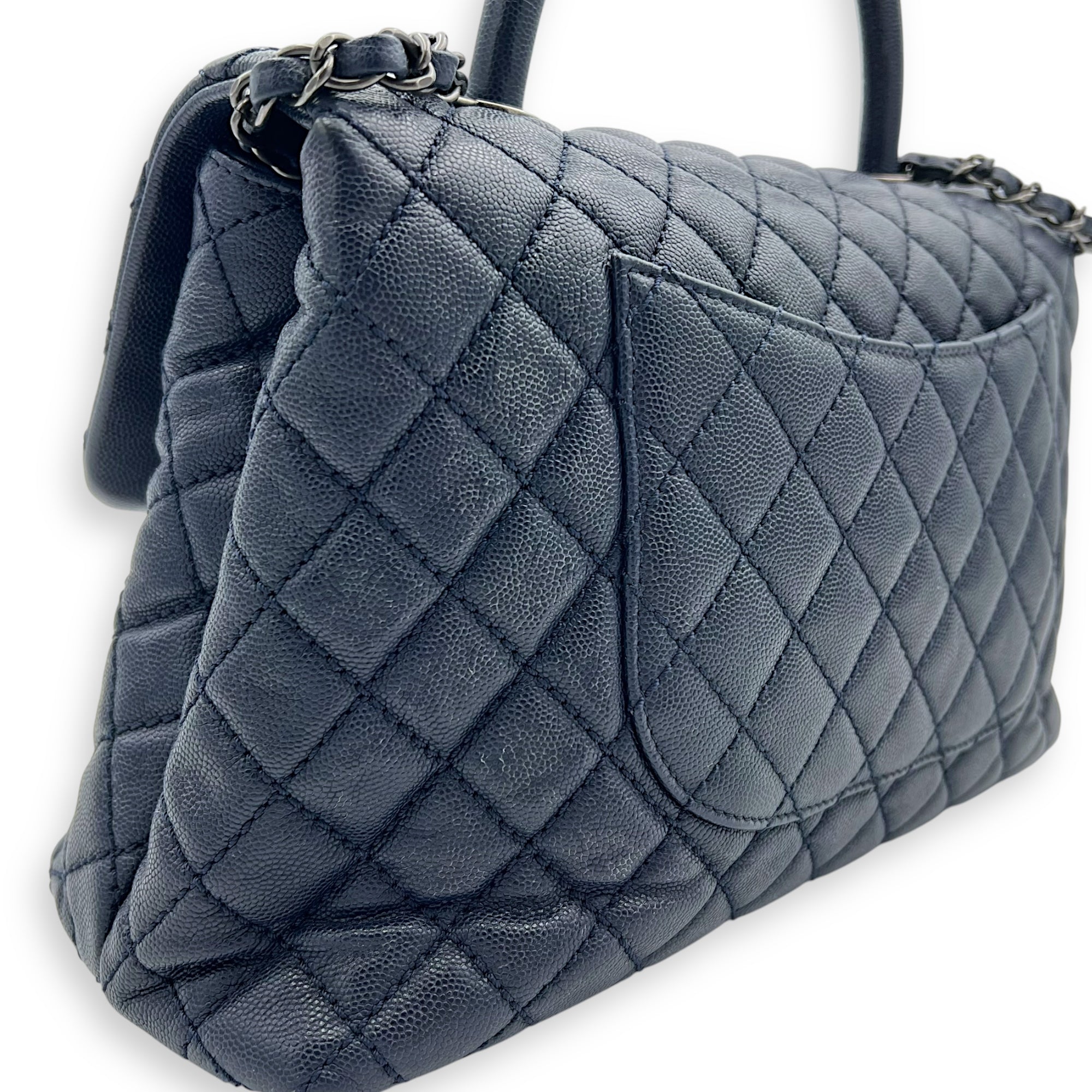 Coco Handle Quilted Top Handle Bag Blue in Caviar Leather, Silver hardware - Image 11