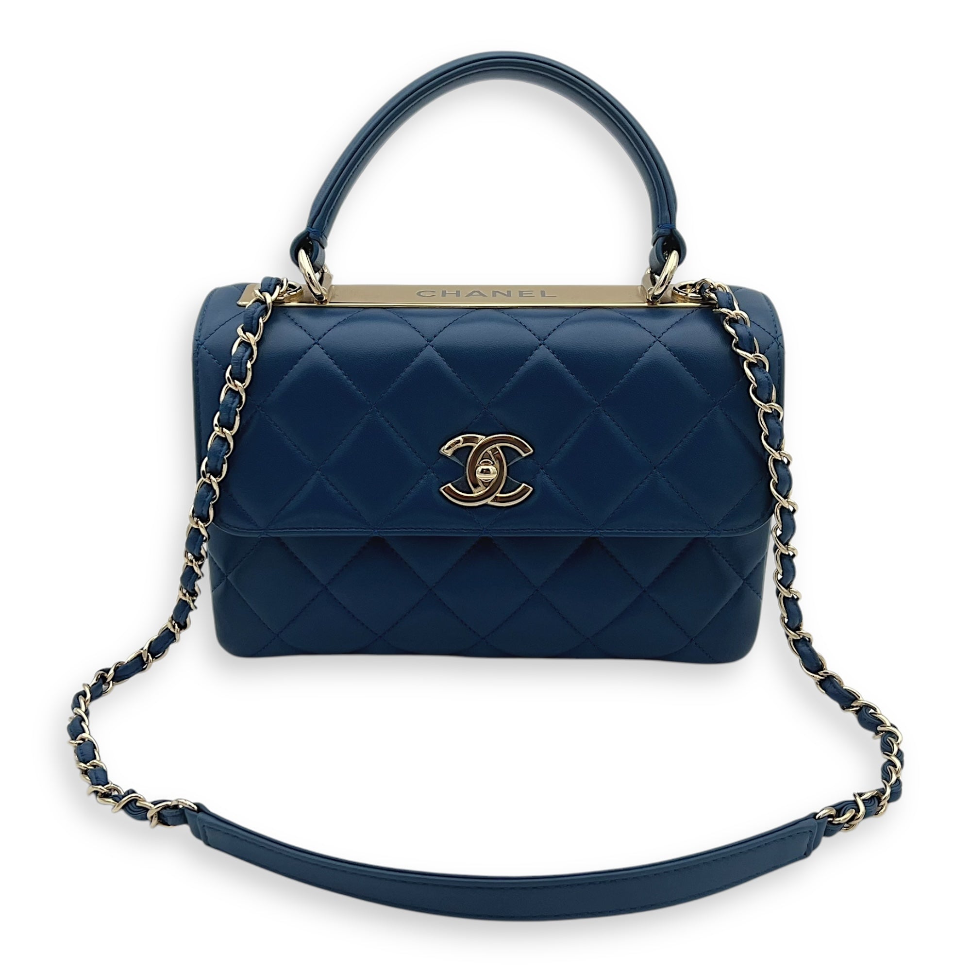 Trendy CC Top Handle Bag Blue in Lambskin, Gold hardware - Image 12