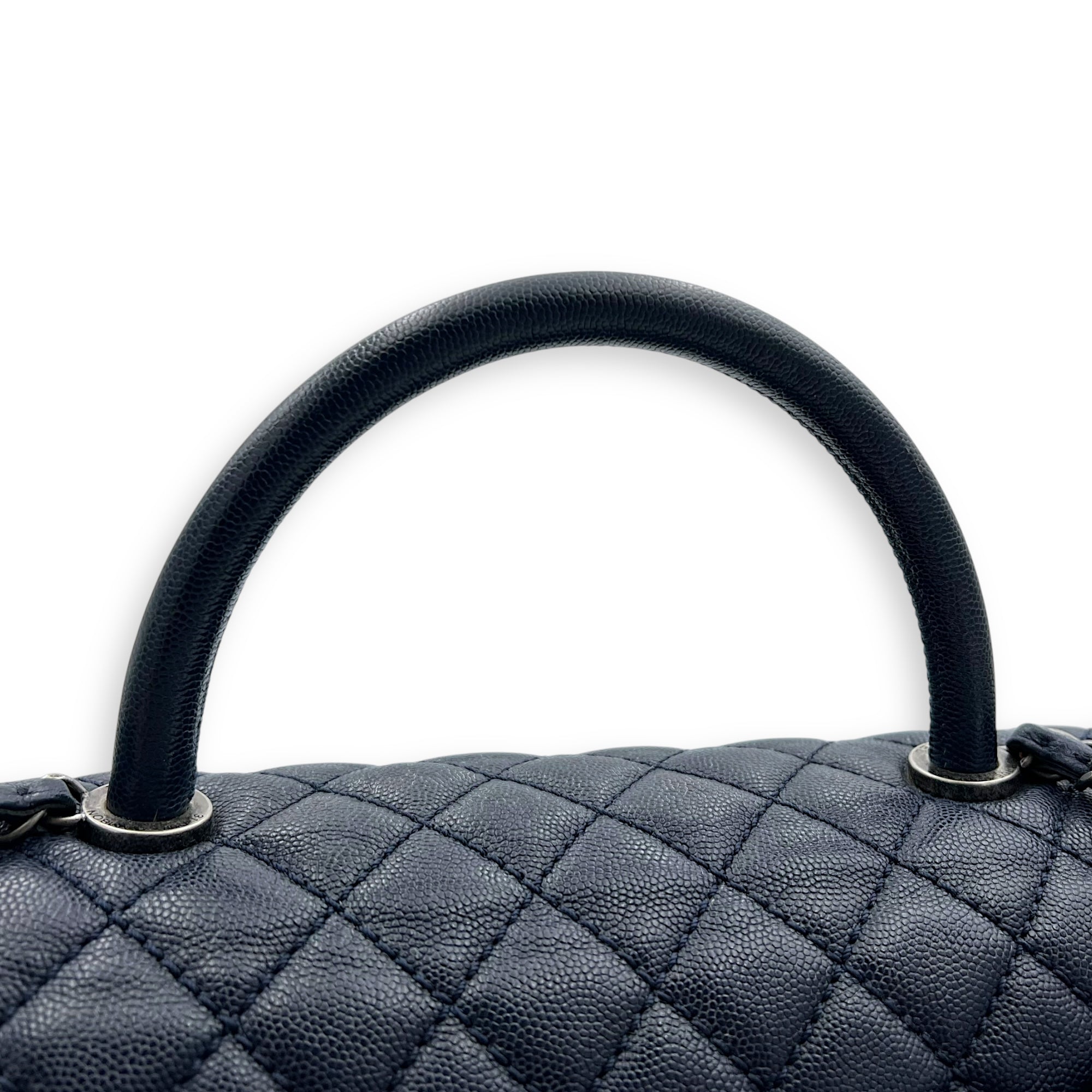 Coco Handle Quilted Top Handle Bag Blue in Caviar Leather, Silver hardware - Image 12