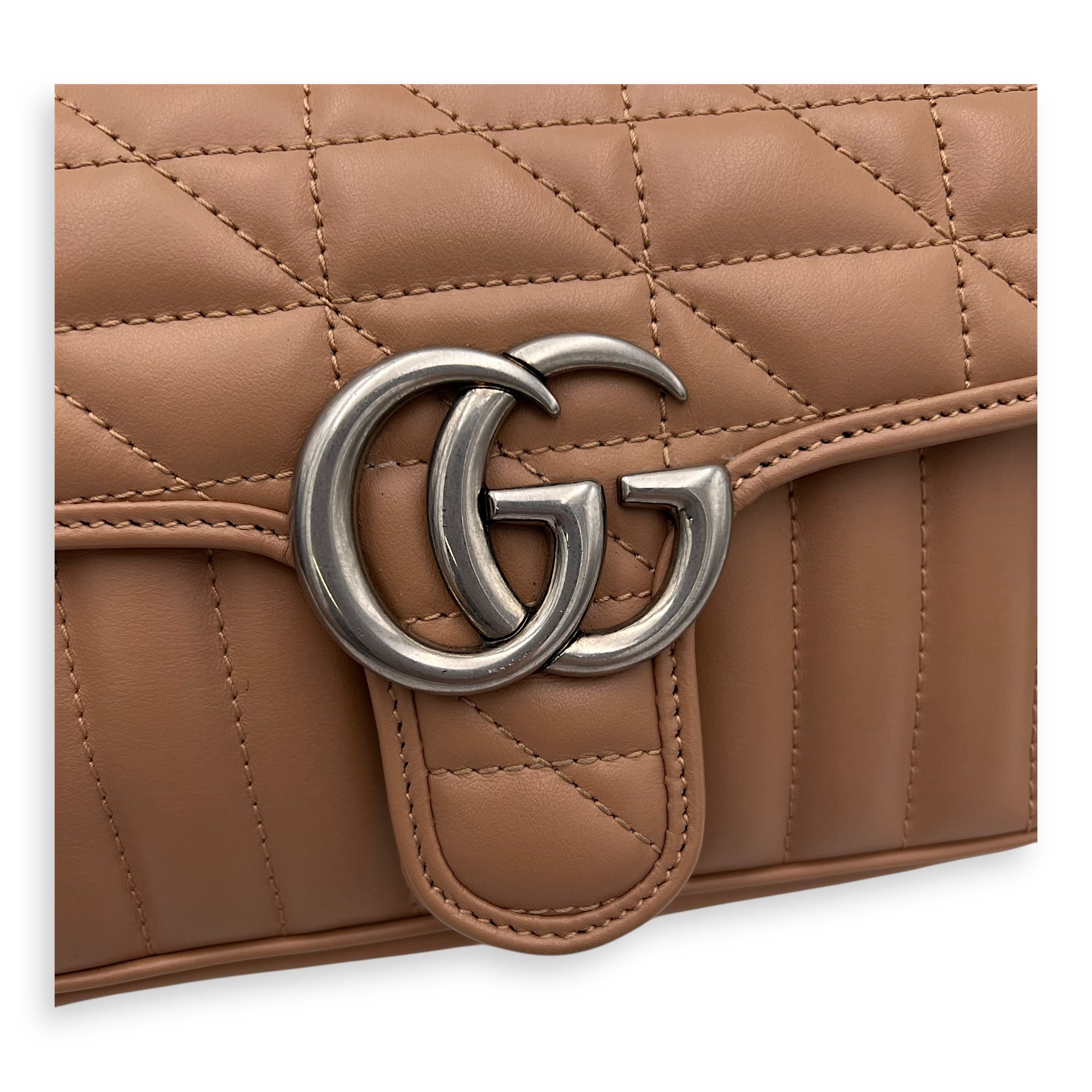GG Marmont Mini Beige Crossbody Bag in Calfskin, Silver hardware - Image 8