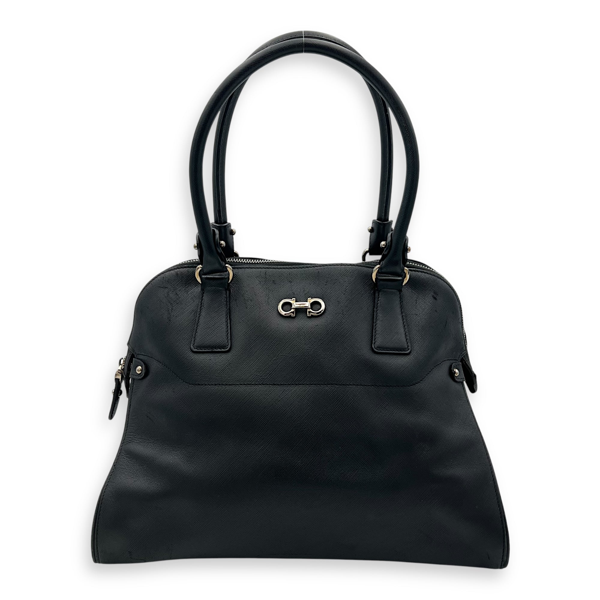 Darina Black Top Handle Bag in Calfskin, Silver hardware