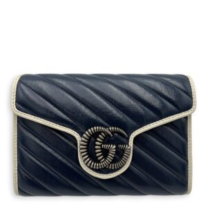 GG Marmont Wallet On Chain Blue in Calfskin, Ruthenium hardware