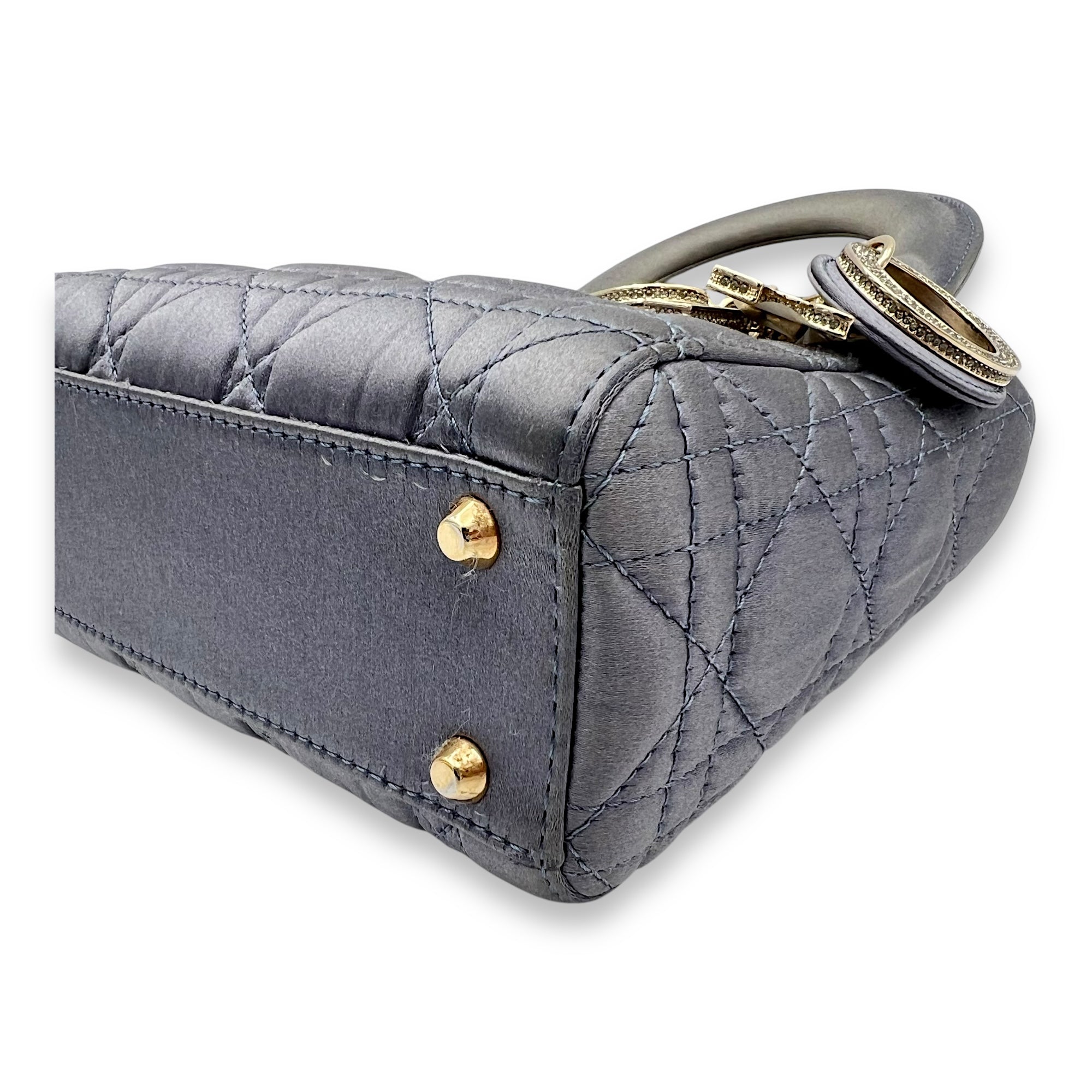 Lady Dior Top Handle Bag Mini Grey in Satin, Gold hardware - Image 9