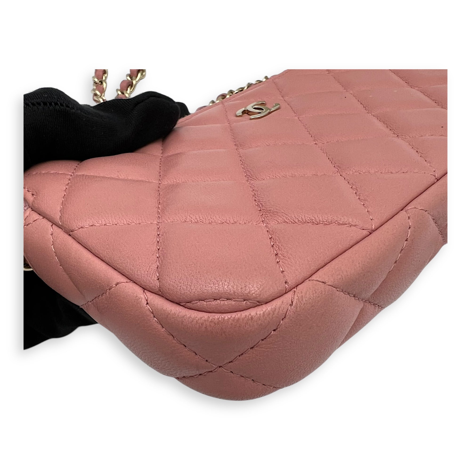 Double Zipped Pink Clutch with Chain in Lambskin, Gold hardware - Image 11