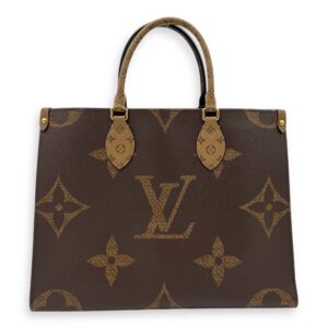 OnTheGo MM Brown Top Handle Bag in Monogram Coated Canvas, Gold hardware