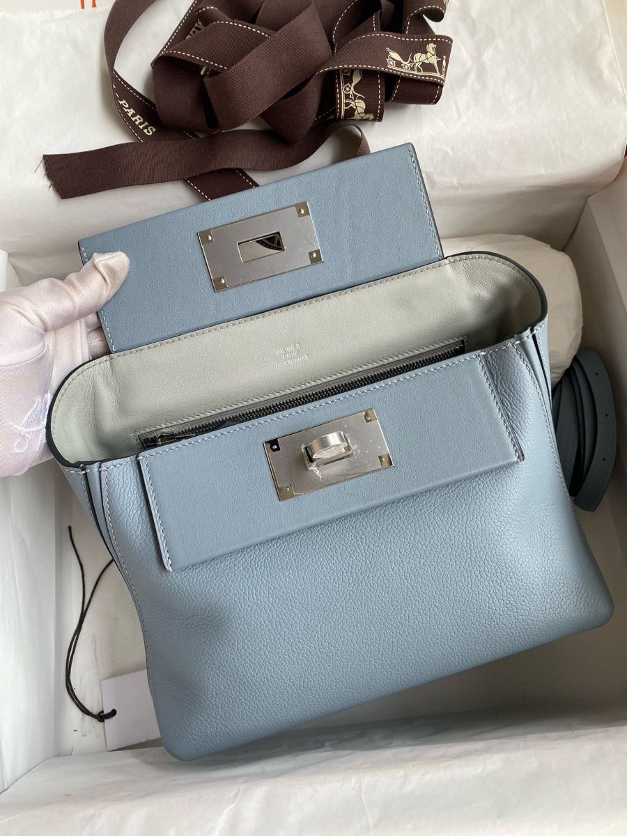 Hermes 24/24 Mini 21 Handmade Bag in Blue Lin Evercolor Leather - Image 8