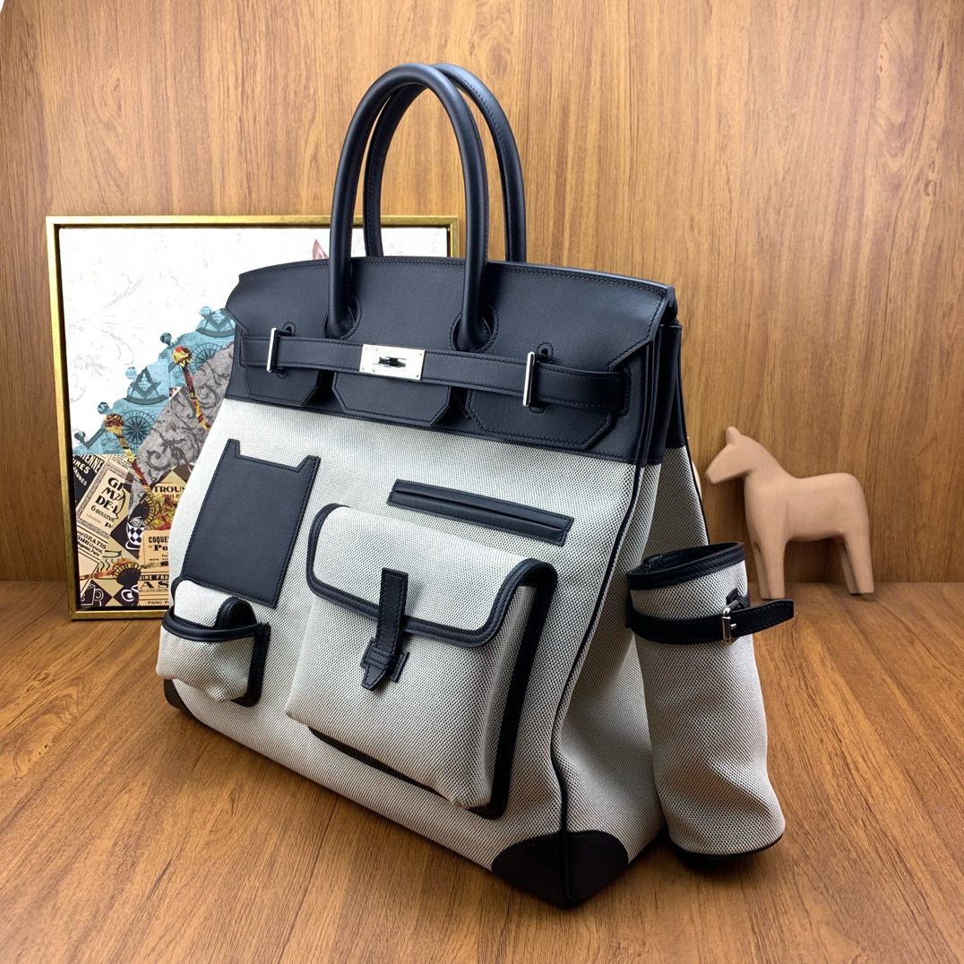 Hermes HAC Cargo Birkin 40 Handmade Bag in Toile with Black Leather - Image 4