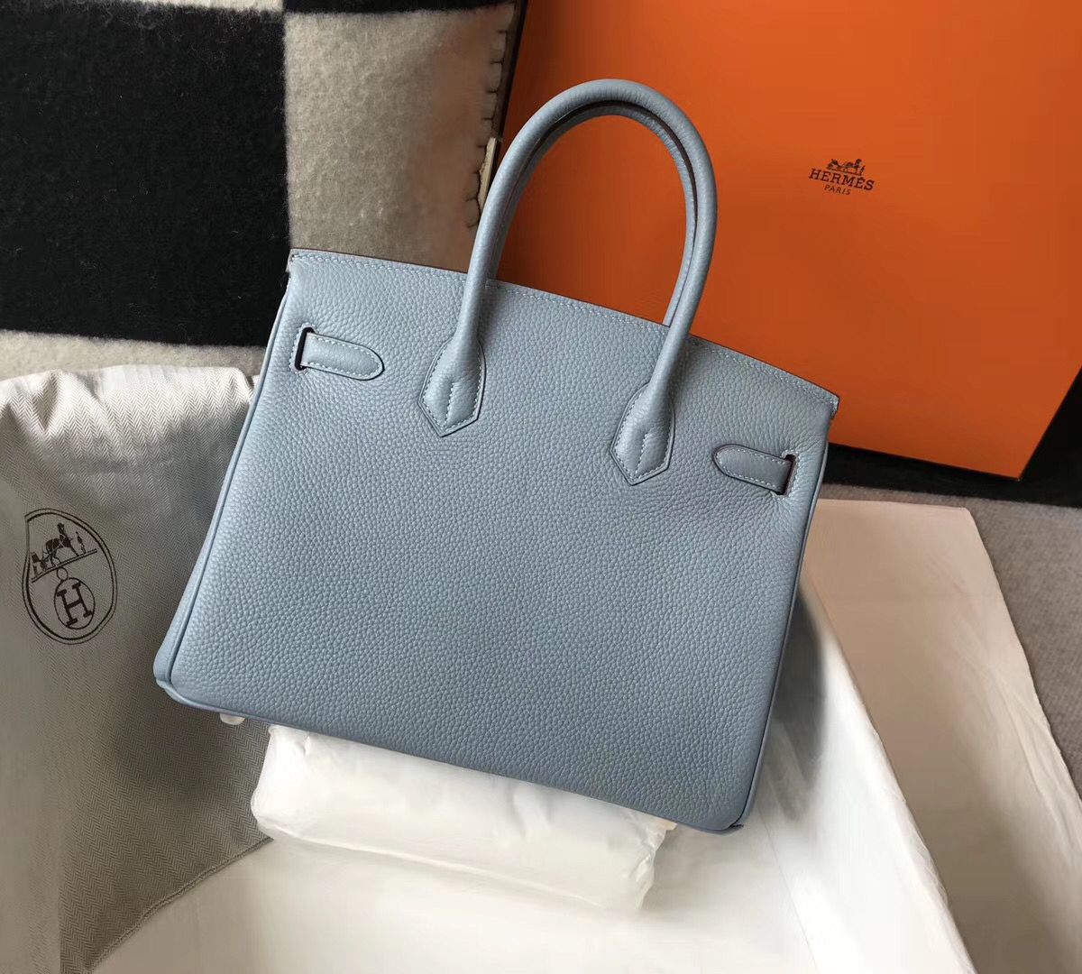 Hermes Birkin 30cm Bag In Blue Lin Clemence Leather GHW - Image 3